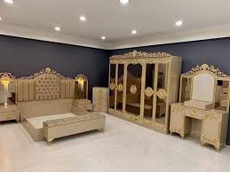 Luxury bedroom furniture set in Pakistan with bed, wardrobe, and side tables