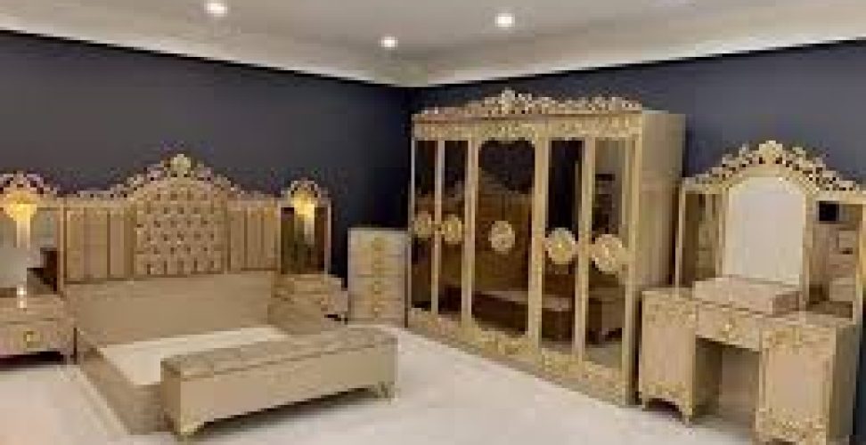 Luxury bedroom furniture set in Pakistan with bed, wardrobe, and side tables